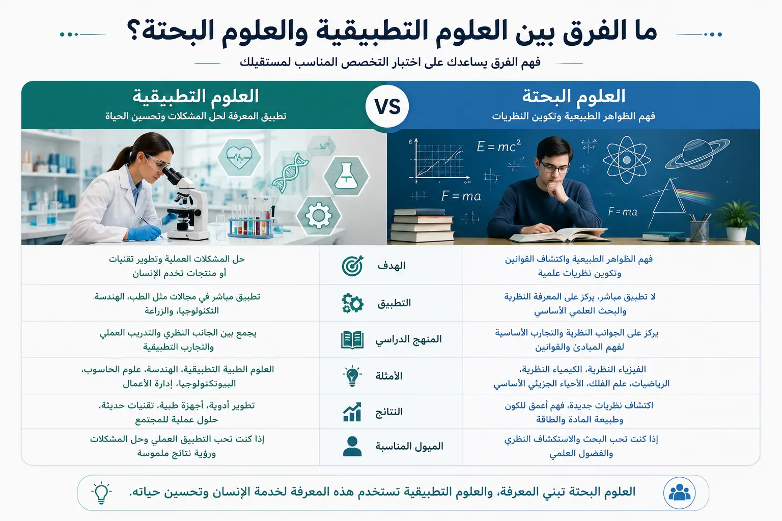 إنفوجرافيك يوضح الفرق بين العلوم التطبيقية والعلوم البحتة من حيث الأهداف، والمناهج الدراسية، والتطبيقات العملية، وأمثلة التخصصات مثل العلوم الطبية التطبيقية والفيزياء والكيمياء.