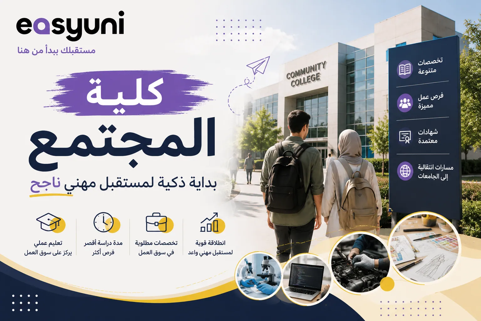 غلاف مقال عن كلية المجتمع، يظهر طالبًا وطالبة أمام مبنى كلية مجتمع حديث، مع إبراز فكرة الدراسة لمدة سنتين، والتخصصات المتنوعة، وفرص استكمال البكالوريوس أو دخول سوق العمل.