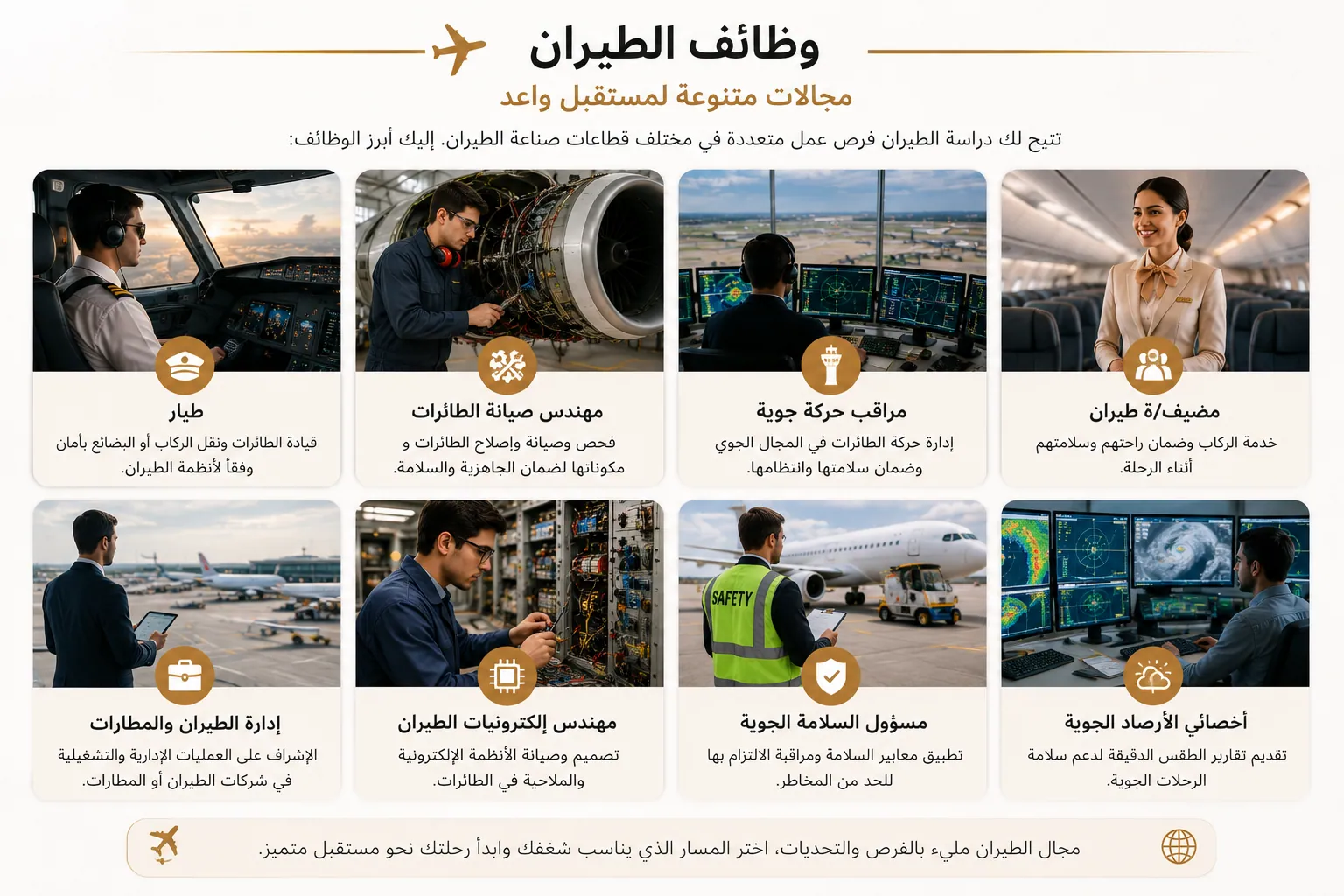 إنفوجرافيك يوضح أبرز الوظائف في مجال الطيران، مثل الطيار، ومهندس صيانة الطائرات، ومراقب الحركة الجوية، ومضيف الطيران، وإدارة المطارات، ومسؤول السلامة الجوية، وأخصائي الأرصاد الجوية.