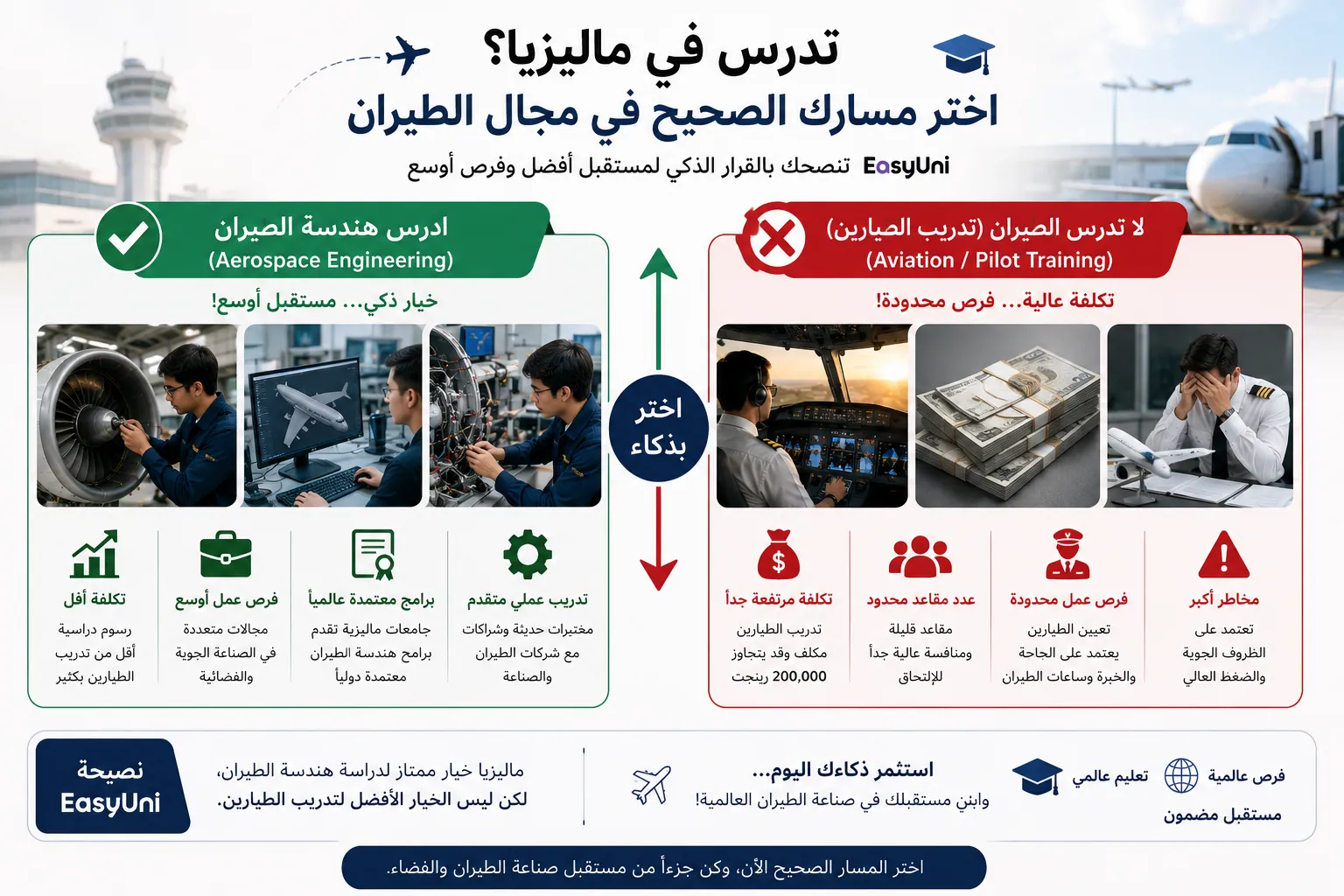 إنفوجرافيك يقارن بين دراسة هندسة الطيران ودراسة الطيران (تدريب الطيارين) في ماليزيا، موضحًا الفروق في التكاليف، وفرص العمل، والبرامج المعتمدة، ولماذا تُعد هندسة الطيران خيارًا أفضل للطلاب في ماليزيا.
