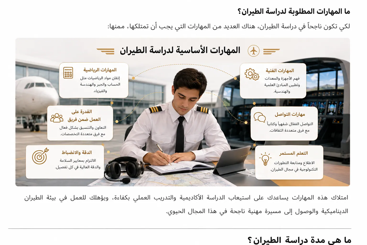 إنفوجرافيك يوضح المهارات المطلوبة لدراسة الطيران، مثل الرياضيات، والمهارات الفنية، والتواصل، والعمل الجماعي، والدقة والانضباط.