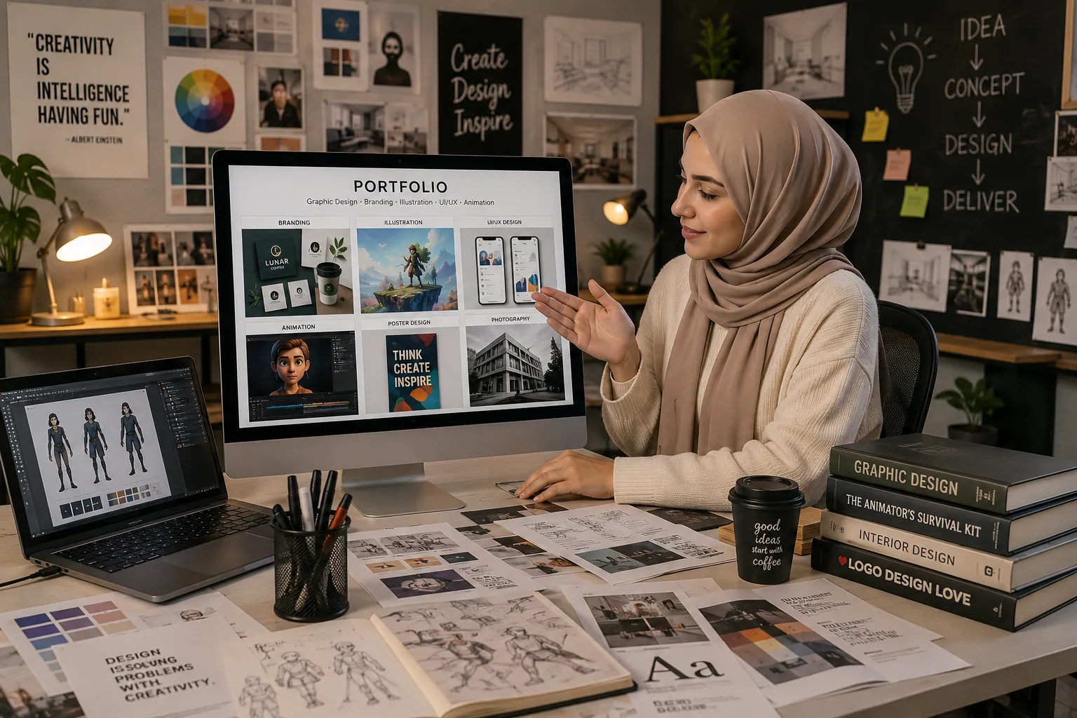 طالبة عربية تعرض ملف أعمال Portfolio في الفنون والتصميم استعدادًا لفرص العمل بعد التخرج في ماليزيا