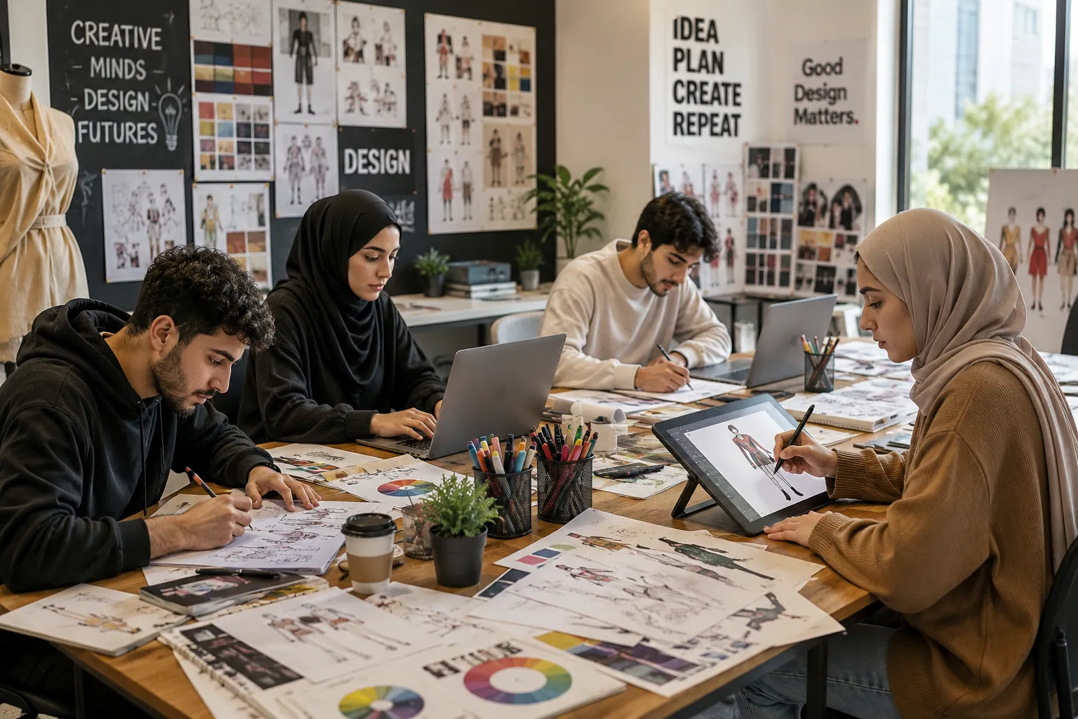 طلاب يدرسون الفنون الإبداعية والتصميم في ماليزيا ويعملون على مشروعات التصميم الجرافيكي والأنيميشن والأزياء